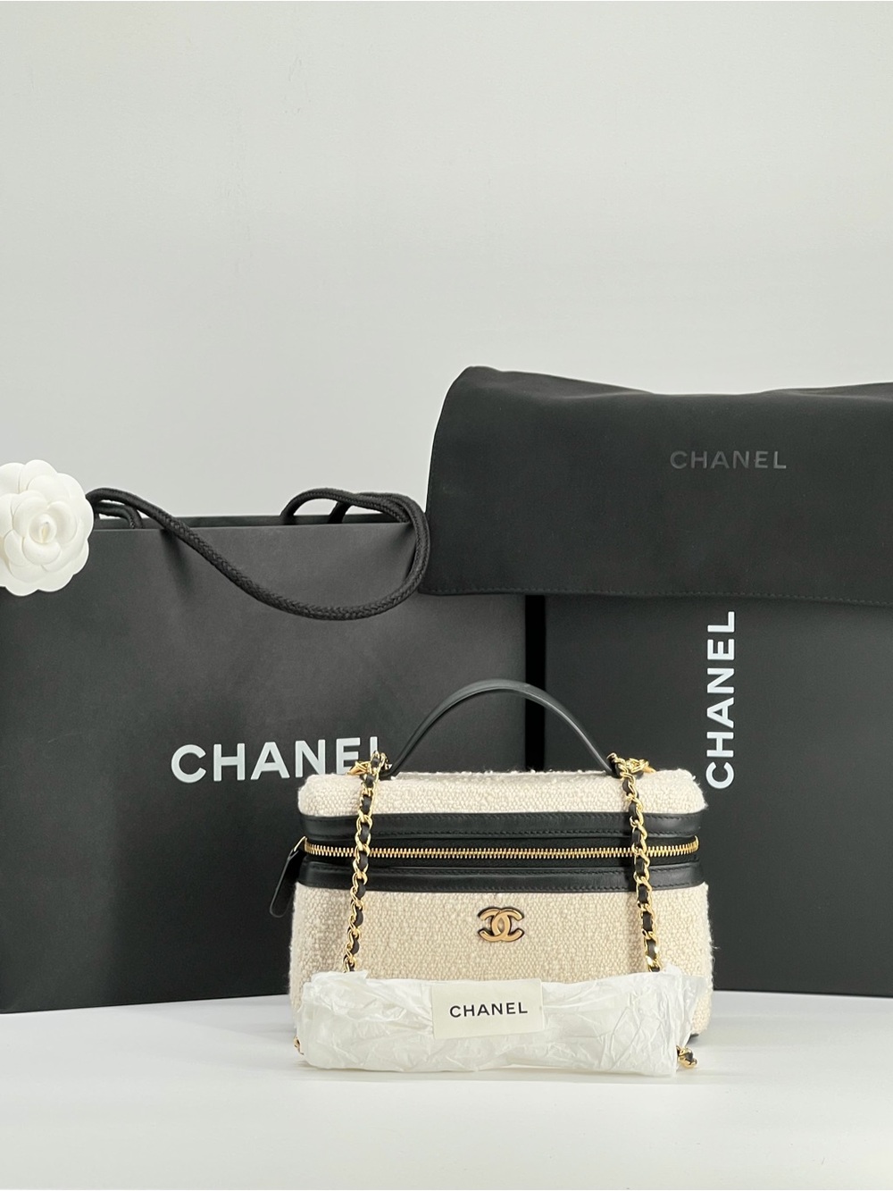 Chanel Coco Beach Top Handle Long Vanity Case in Ecru Tweed and Black Calfskin